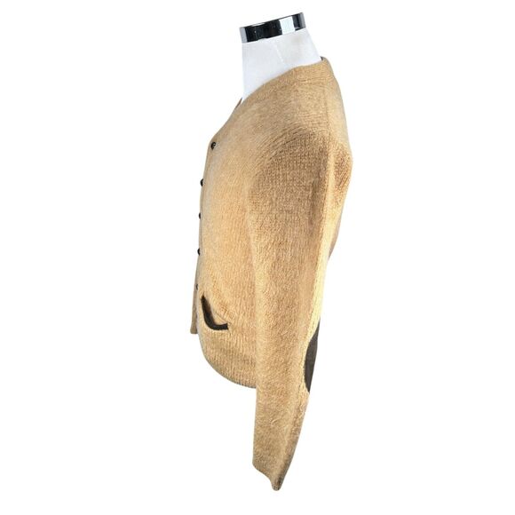 Vintage Revere Cardigan Kurt Cobain Mohair Sweater Mens Medium Tan 60s Elbow Pad - Picture 6 of 12